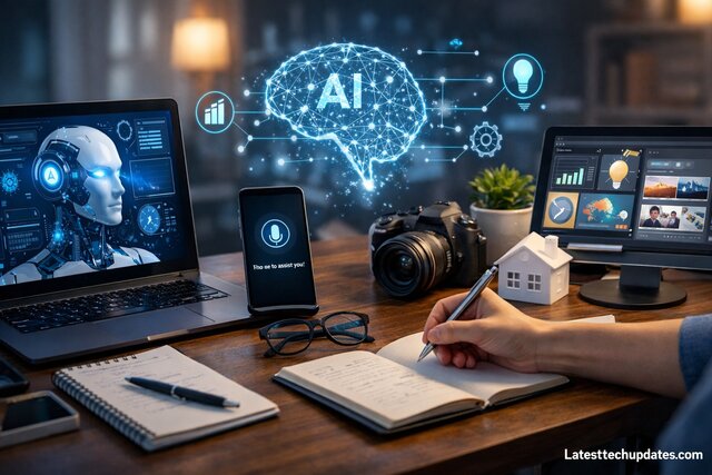 Person using AI tools on devices for creative and business tasks.