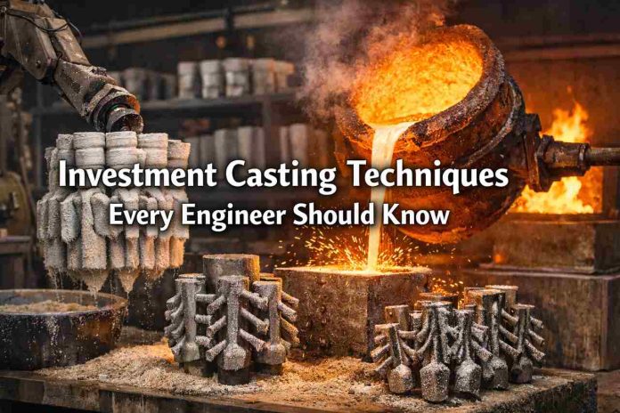 Molten metal poured into ceramic mold during investment casting process