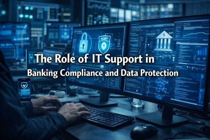IT support monitoring banking compliance and data protection systems