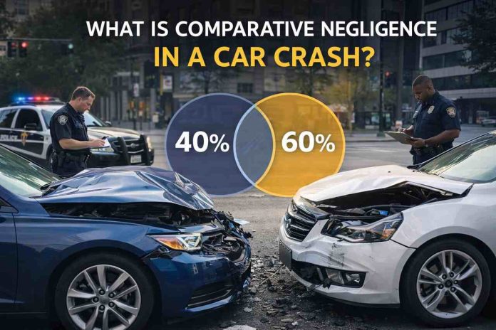Two cars after collision illustrating comparative negligence in a car crash