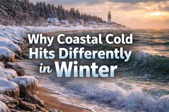 Snowy winter coastline with icy waves and lighthouse at sunset