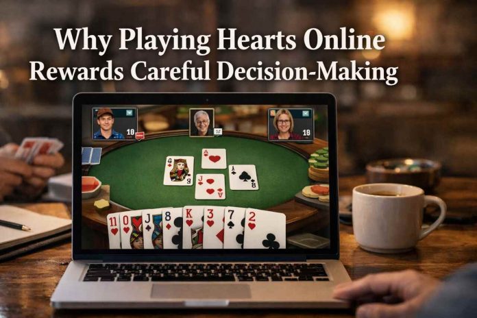 Playing Hearts online on a laptop with digital card table