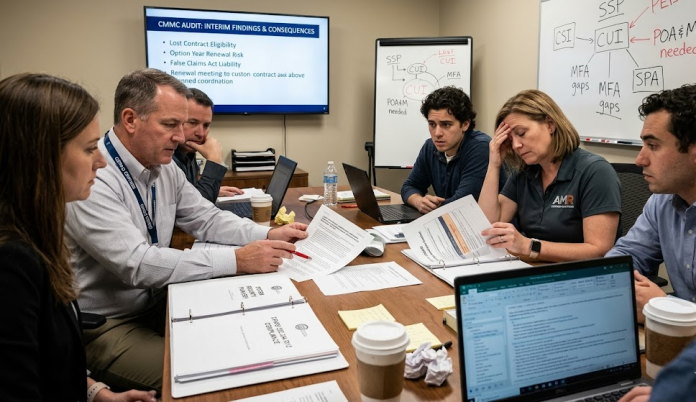 Business team reviewing documents during a meeting about failing a CMMC audit