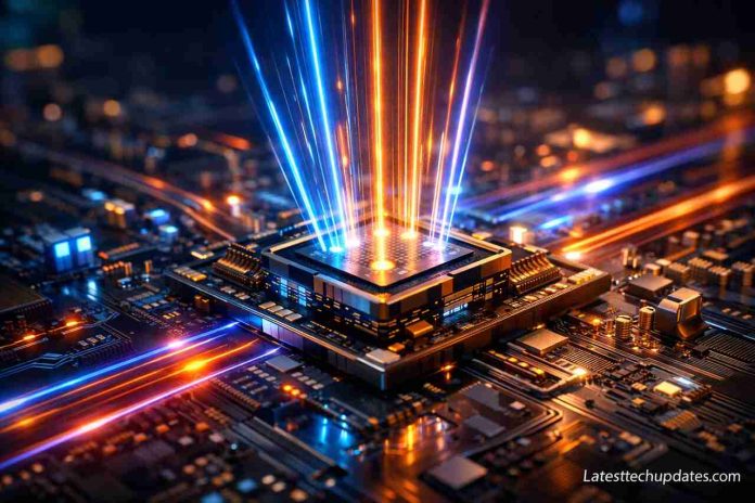 Nanophotonic AI chip using light-based computing on a futuristic circuit board.