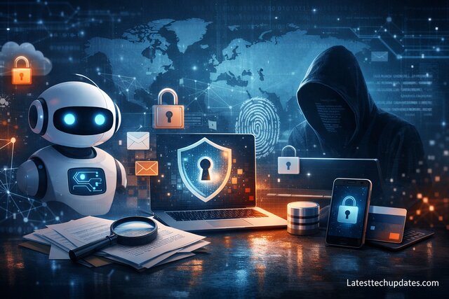 ChatGPT privacy and data security concept with AI robot and cybersecurity shield.