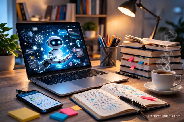 ChatGPT improving research and writing skills on laptop workspace