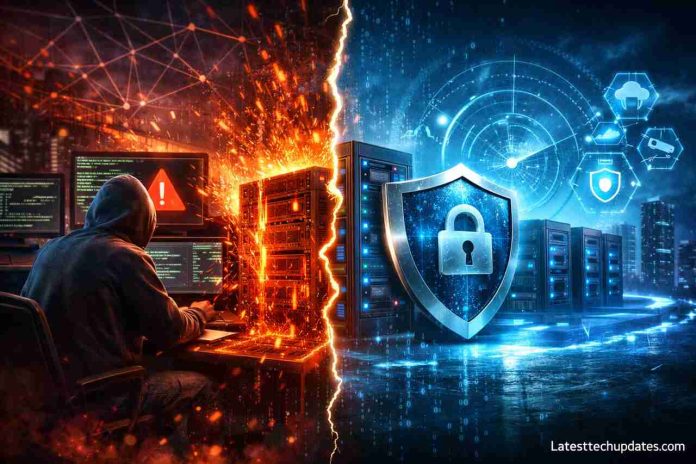 DoS vs DDoS attack and cybersecurity protection concept