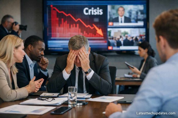 business team handling public setback crisis meeting