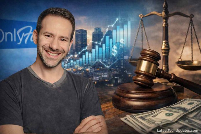 Man with OnlyFans background, finance charts, and legal symbols representing digital economy impact