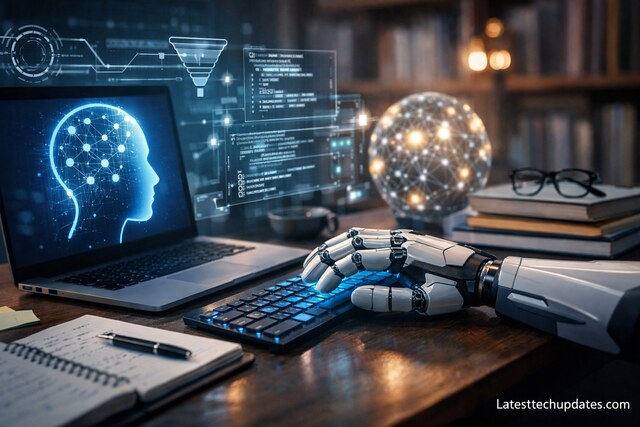 AI prompt engineering workspace with robotic hand and digital interface