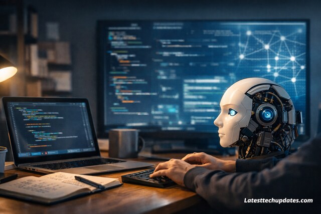 Beginner learning prompt engineering with AI tools on laptop