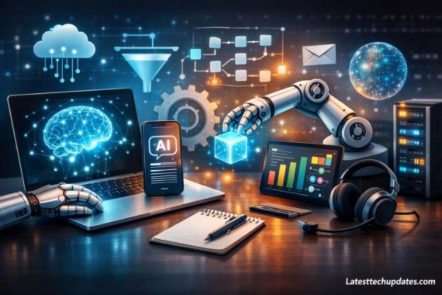 AI prompt-based automation tools workspace with robotic systems and digital interfaces