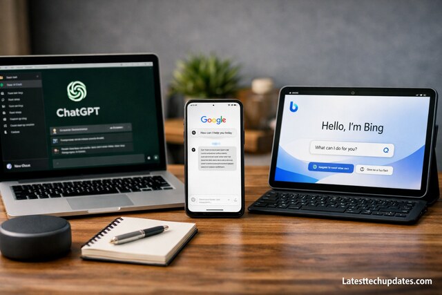 AI chatbots comparison across laptop phone and tablet