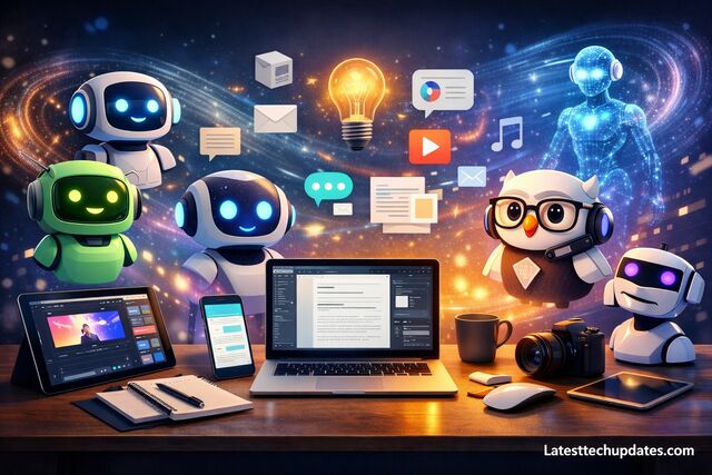 AI chatbots helping create digital content on a laptop workspace