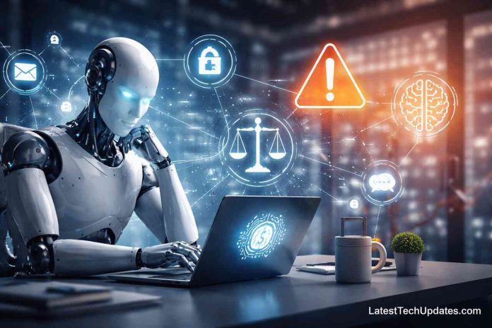 AI robot analyzing ethical risks and limitations of artificial intelligence