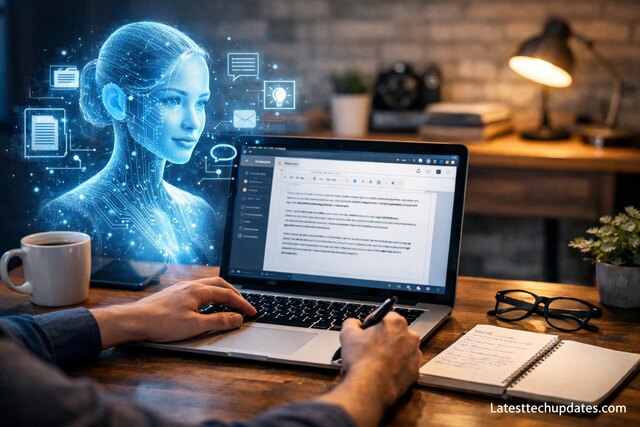 ChatGPT assisting with content creation on a laptop workspace