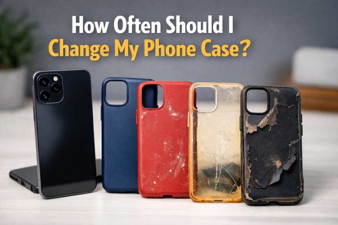 Smartphone with different phone cases showing wear and replacement timing