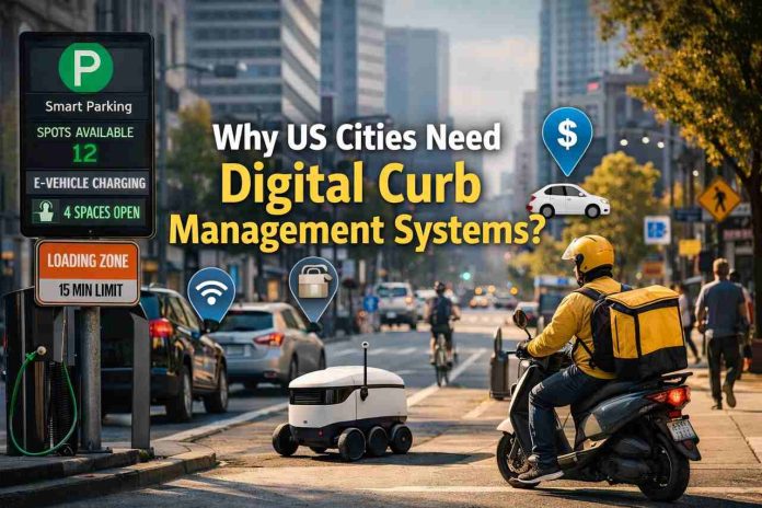 Smart curb management system in a US city street with digital parking and delivery solutions