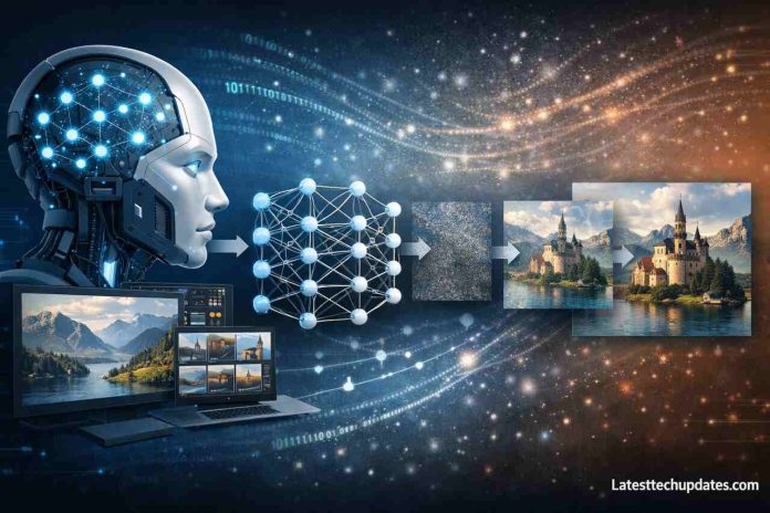 AI image generation process using diffusion model and deep learning