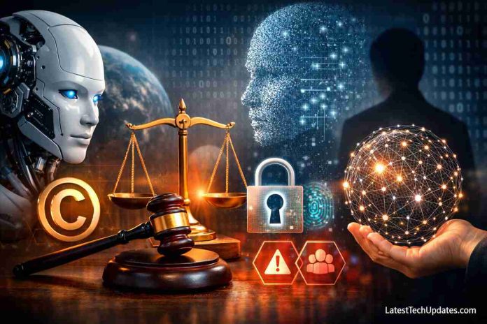 AI ethics and copyright concept with robot, legal symbols, and digital globe