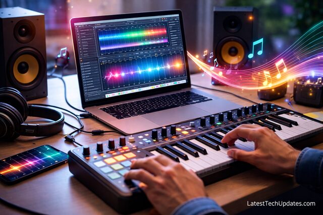 AI music production setup with digital audio workstation and MIDI controller