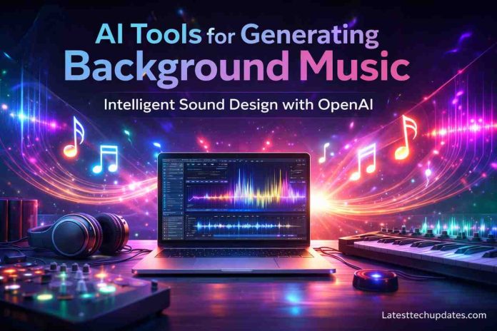 AI tools generating background music with OpenAI in a digital studio setup
