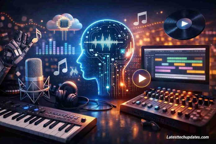 AI music generator tools with digital soundwave interface and studio setup