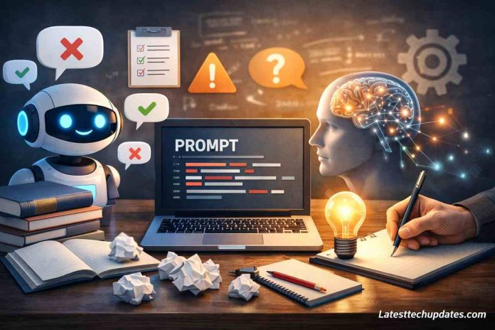 AI prompt mistakes and solutions visualized with human and robot interaction