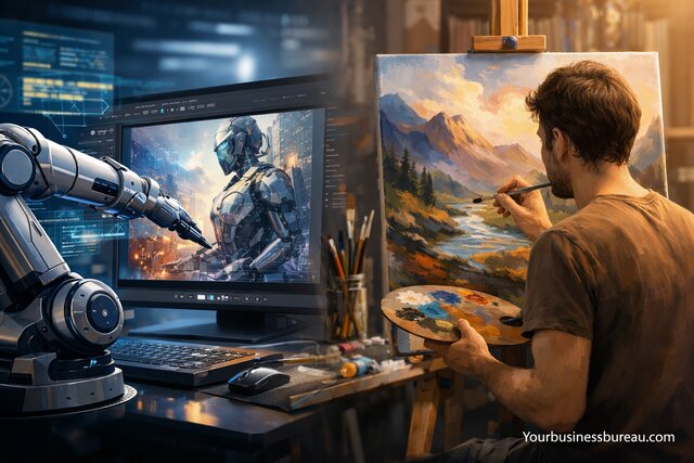AI vs human artist creating digital and traditional art side by side