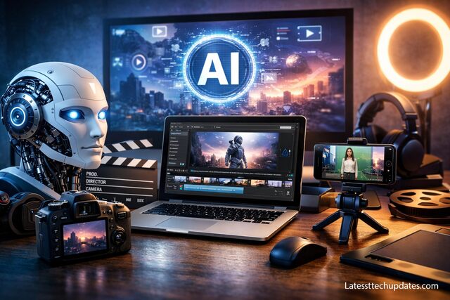 AI video generation tools workspace setup with laptop and camera