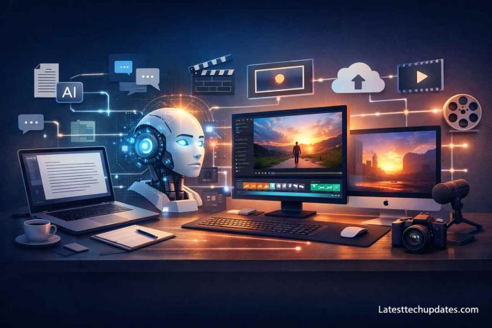 Text-to-video AI workflow illustrated with AI tools and video editing setup