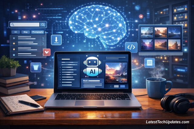 AI prompt libraries workspace with laptop and digital interface