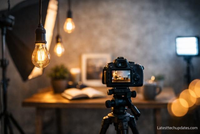 AI prompt lighting and composition setup with camera and studio lights