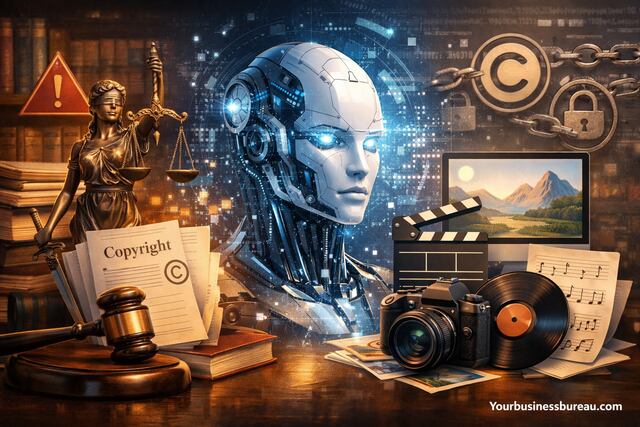 Generative AI and copyright law conflict concept with legal and creative elements