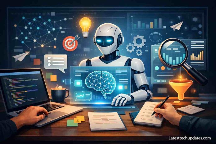 AI prompt engineering workspace with robot and human collaboration