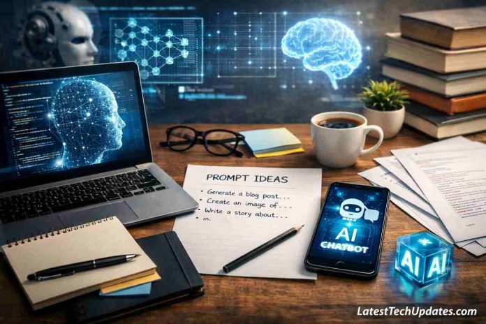 Prompt engineering workspace with AI tools and laptop