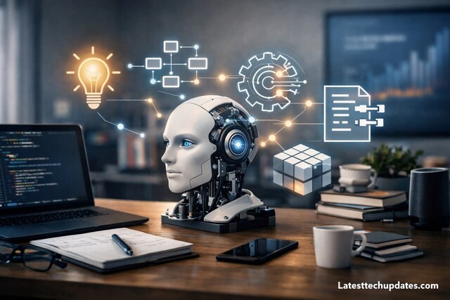 Advanced prompt engineering AI workspace with robot and coding laptop