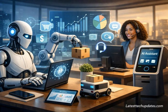 AI tools helping small business operations in a modern digital workspace