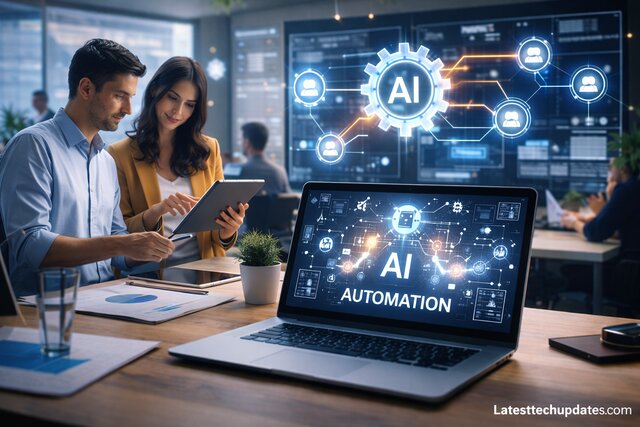 AI automation tools improving workflow efficiency in a modern office