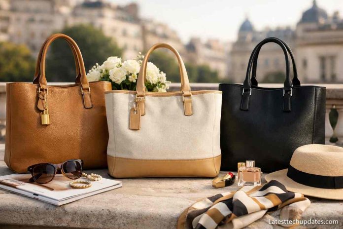 Elegant women’s tote bags with accessories in a stylish outdoor setting