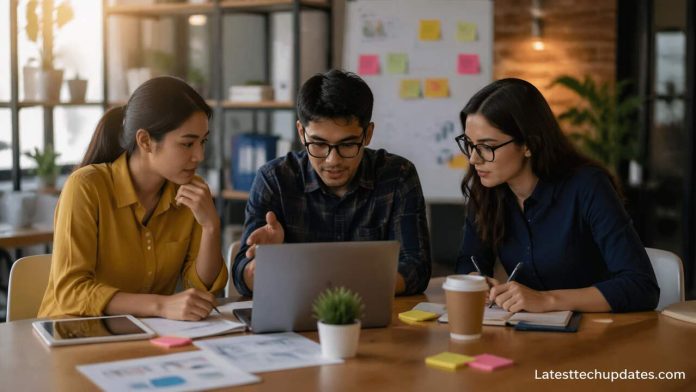Startup team using AI tools on laptop