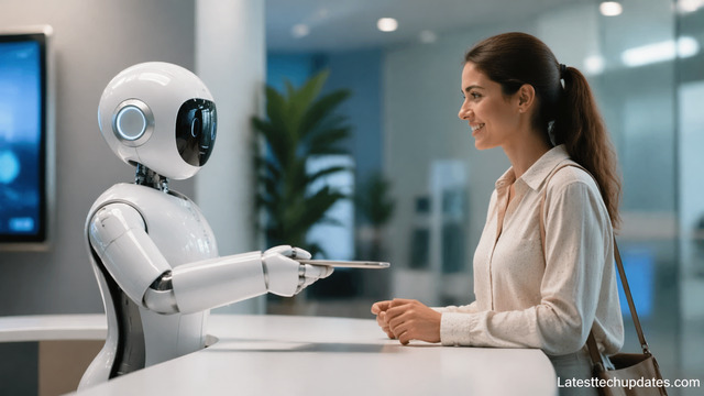 AI robot assisting customer in modern office