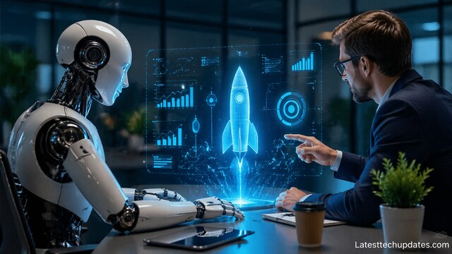 AI robot and entrepreneur analyzing startup growth data