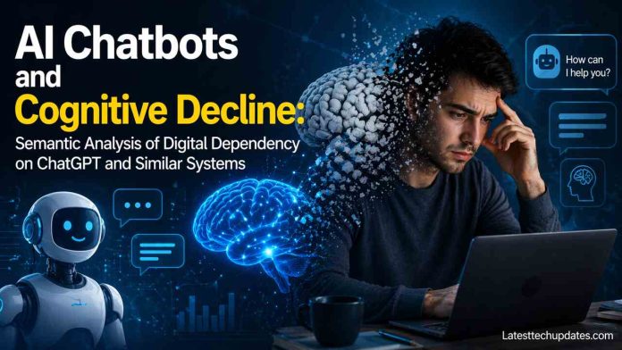 AI chatbot cognitive decline digital dependency concept with human brain and AI interface