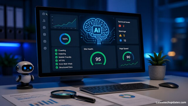AI technical SEO diagnostics dashboard on computer screen