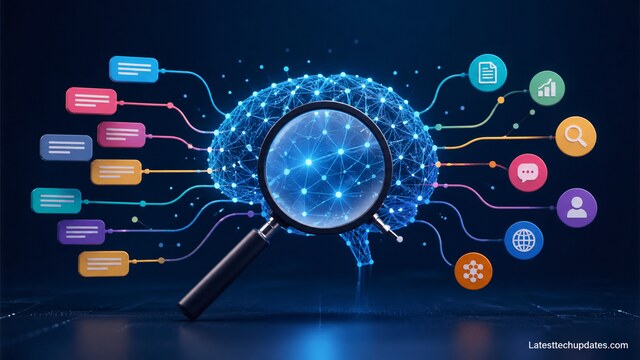NLP keyword variation analysis concept with digital brain network