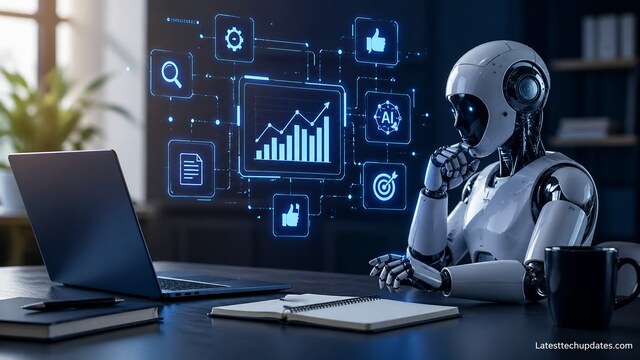 AI analyzing content optimization data on laptop with digital graphs