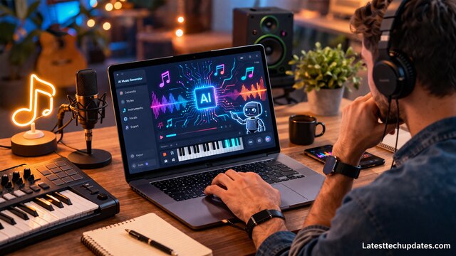 AI music generator software creating digital soundwaves in a modern studio setup