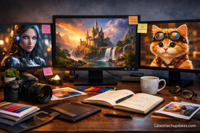 AI image styles and prompt examples workspace with creative tools and digital art screens