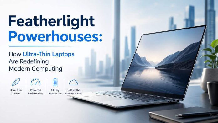 Ultra-thin laptop on modern desk with city background